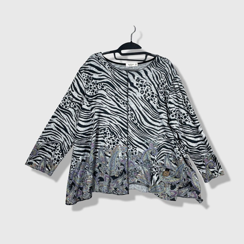 Jess & Jane Zebra Paisley Top Women 1X Black White Boho Eclectic Art to Wear